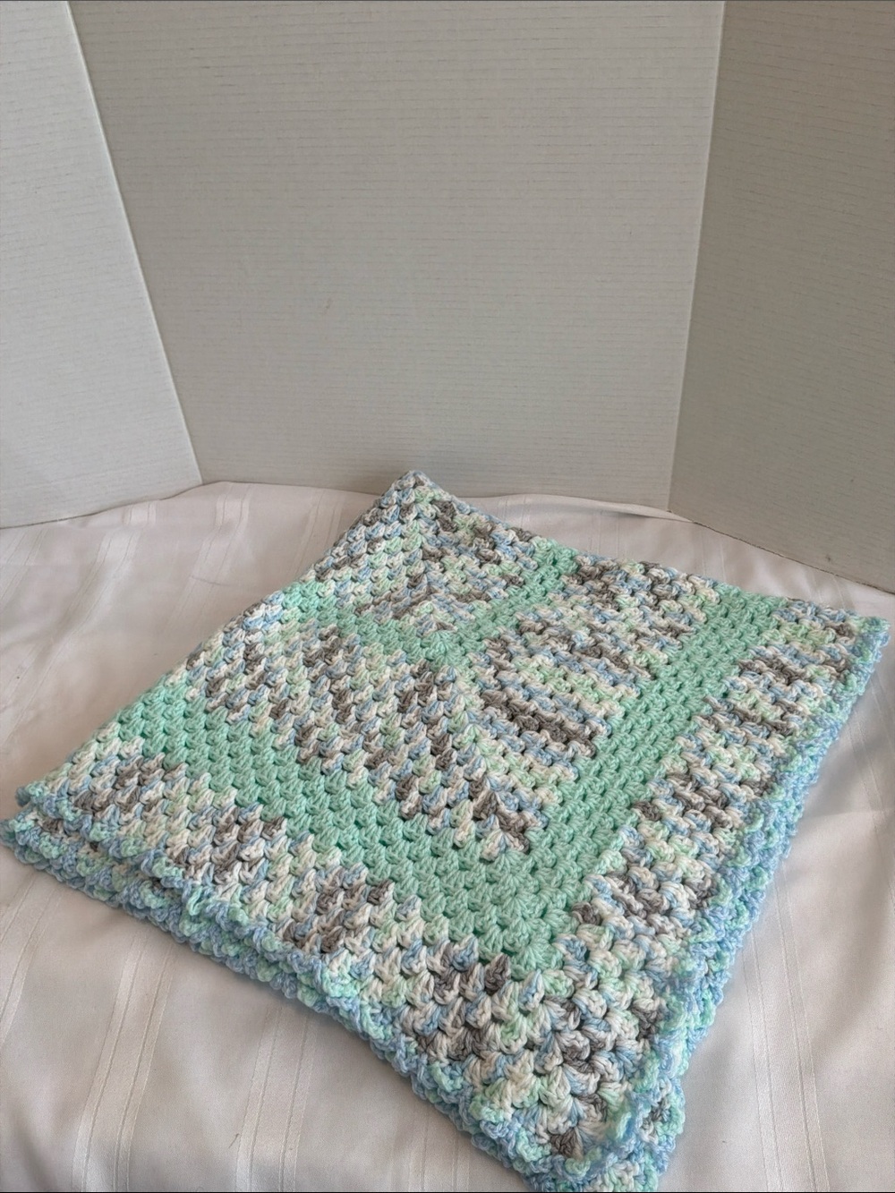 Handmade Mint & Cream Crochet Baby Lovey Blanket  37”x 37”
